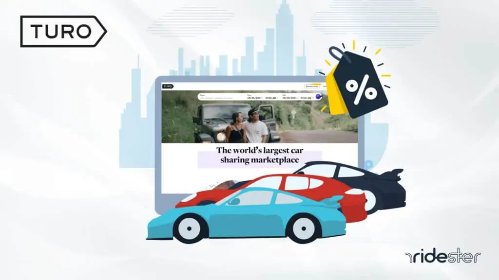 vector image of turo platform homepage, cars in front of it, and a city behind it to indicate turo promo code for new and existing users
