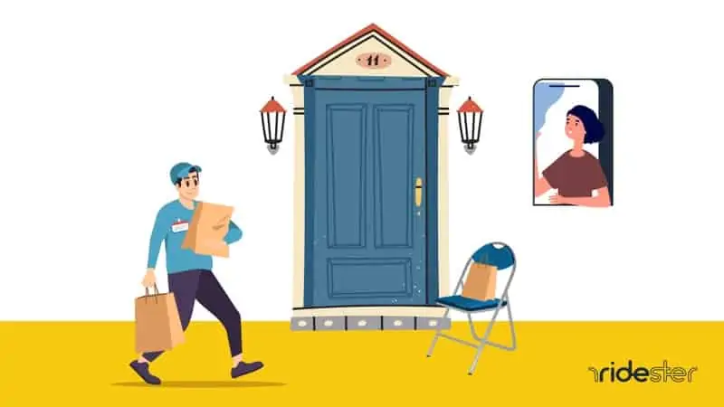 vector image showing a food delivery driver dropping off food to a customer with contactless delivery