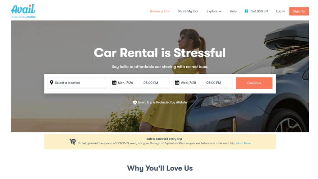 screenshot of avail car sharing homepage