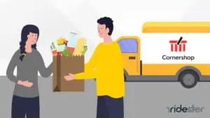 vector graphic showing cornershop driver handing a bag of food to a customer with a cornershop truck in the background
