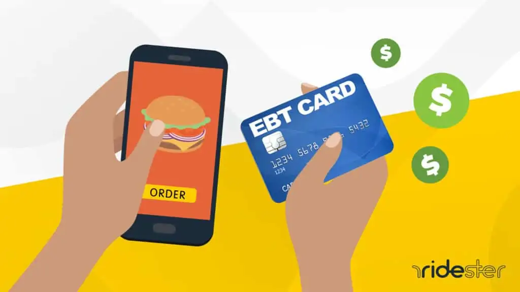 vector graphic showing one hand holding a phone with a hamburger on it and a second hand holding an ebt food delivery card