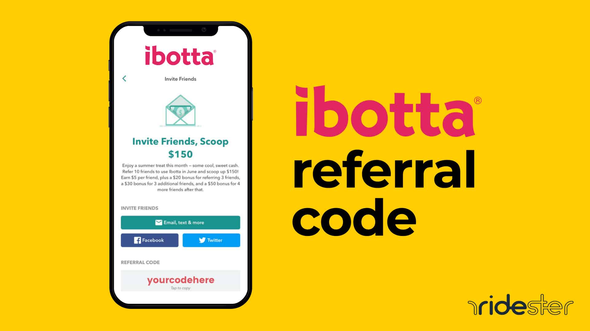 vector illustration of a phone running the ibotta app, with an ibotta promotion on the screen. Next to the phone is block text that reads "ibotta referral code"