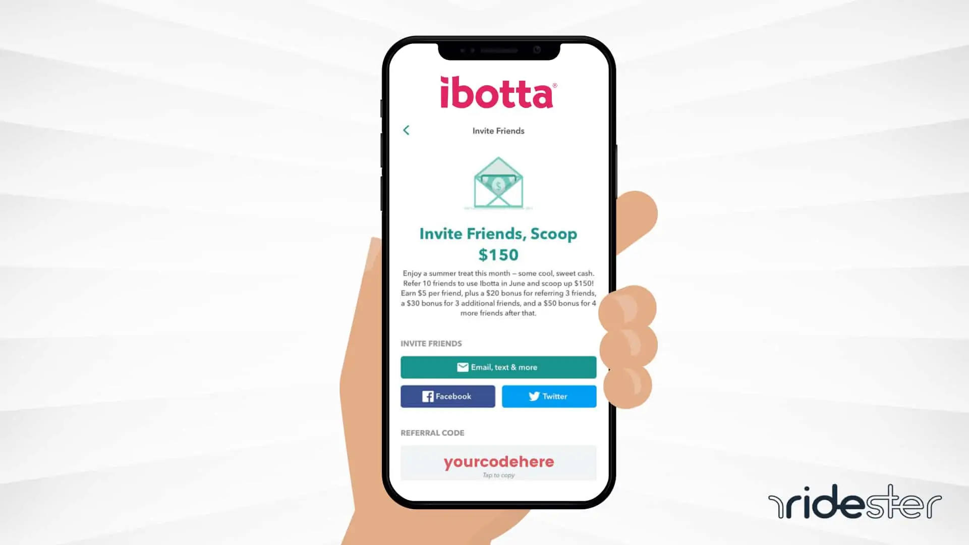 vector illustration of a hand holding a mobile phone that is displaying a current ibotta referral code