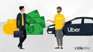 a vector image of a man giving out loans for uber drivers to an uber driver accepting it standing by his car