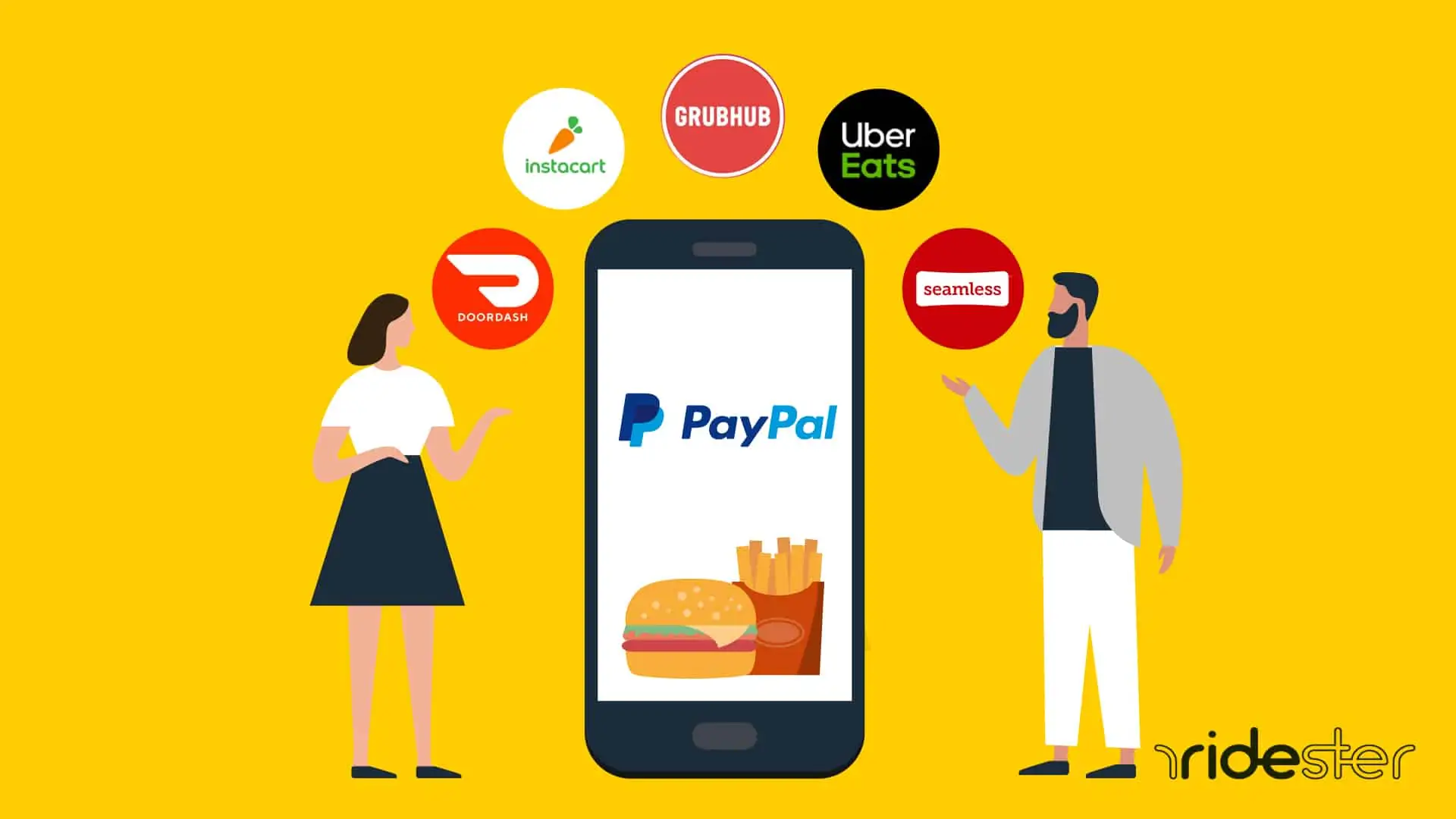 vector graphic showing mobile phone running the paypal app surrounded by apps that take paypal food delivery payments