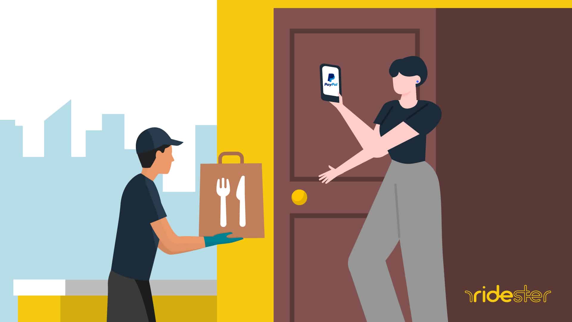 vector graphic showing woman using the PayPal delivery option to pay for her food