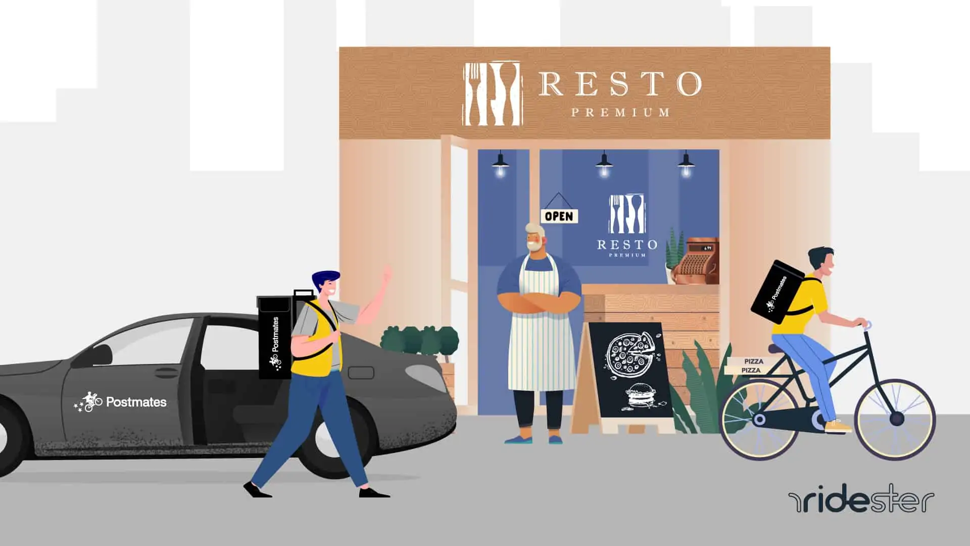 a vector graphic showing a postmates delivery courier leving a restaurant, another coming, and the restaurant owner wondering how postmates for restaurants works