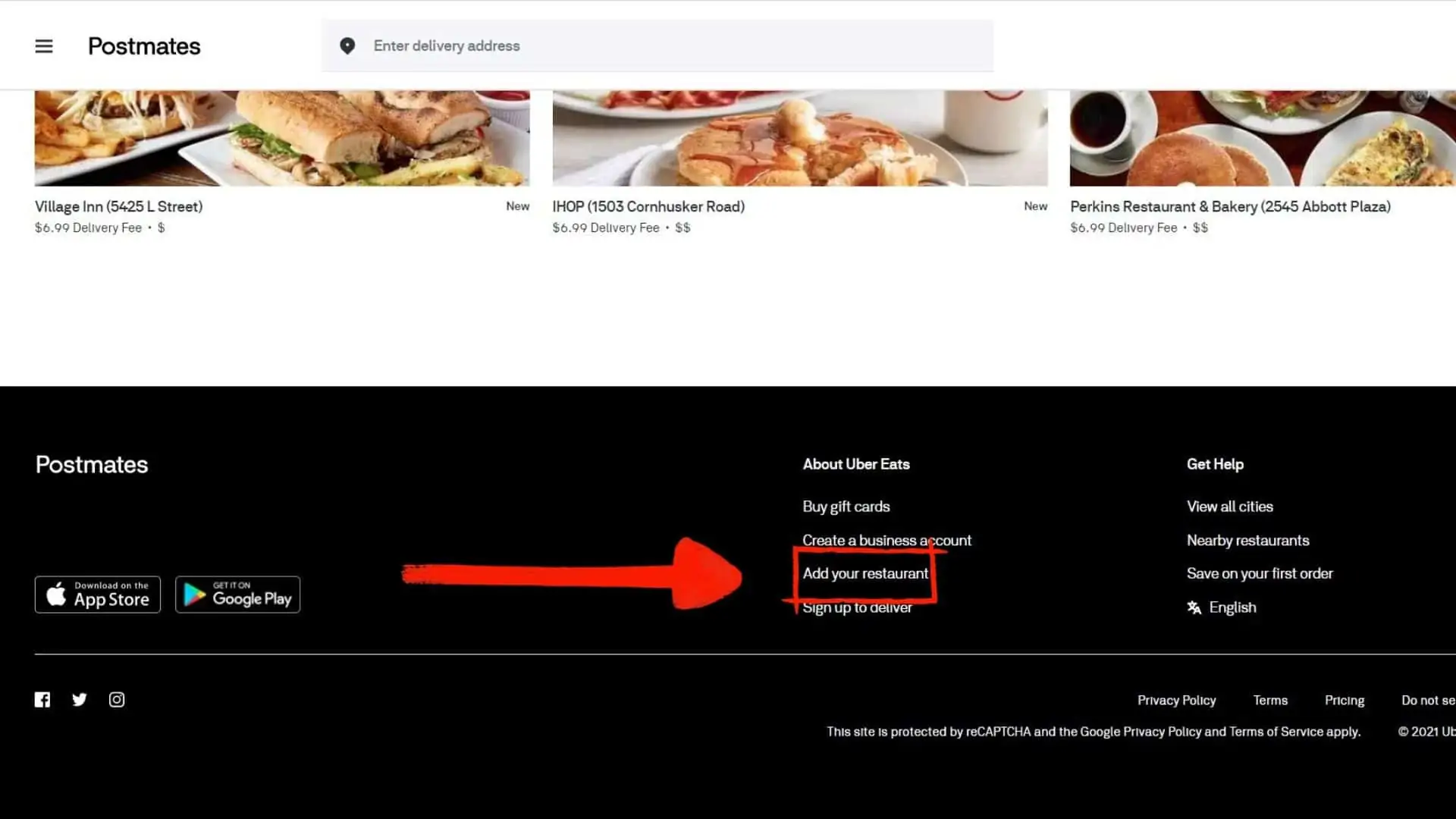 screenshot of the postmates for restaurants signup link