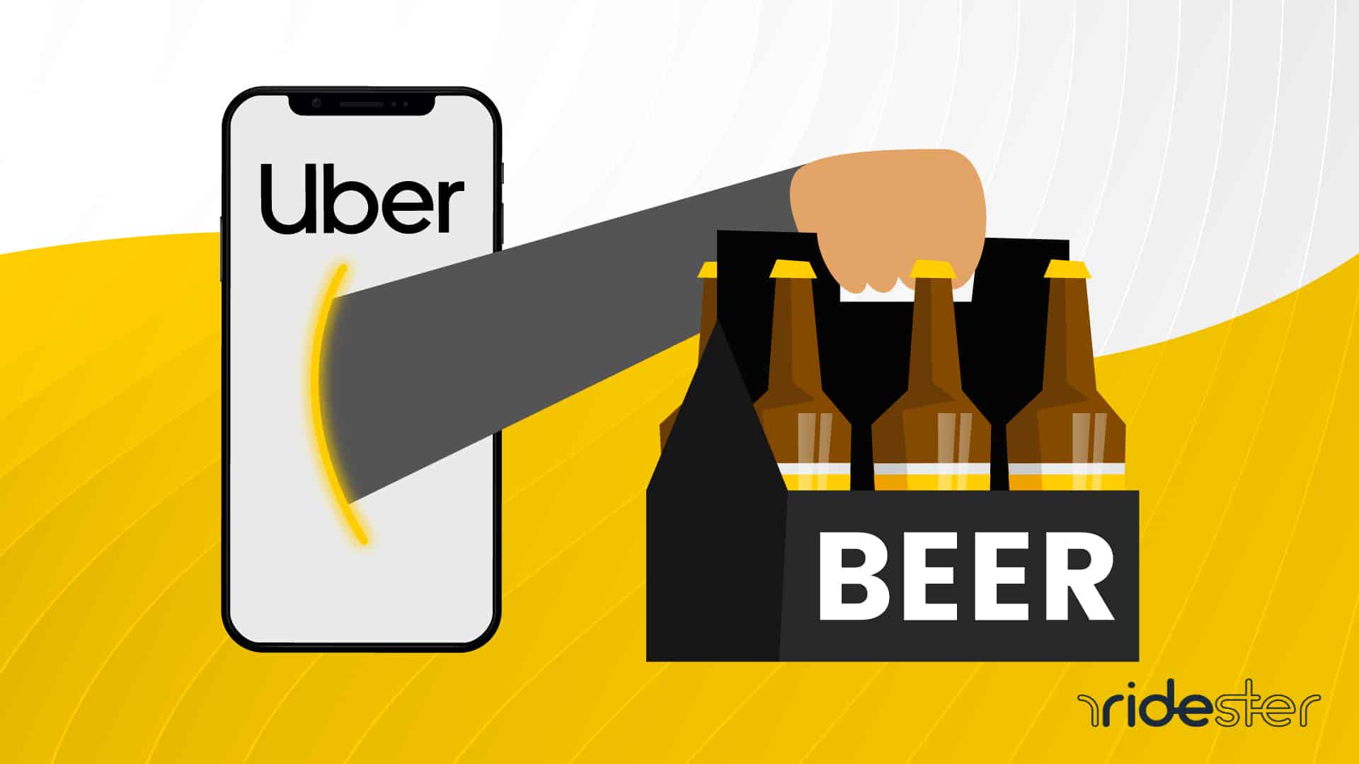 vector illustration of an arm reaching out from a smartphone and grabbing a 6 pack of beer for an uber alcohol delivery