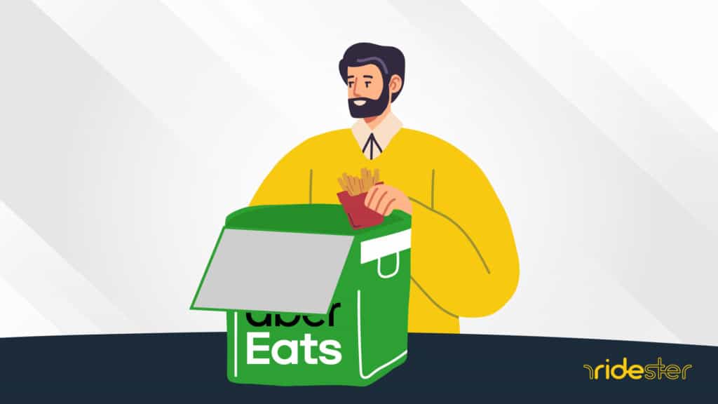 a vector graphic of a man pulling food out of an Uber Eats bag for food delivery