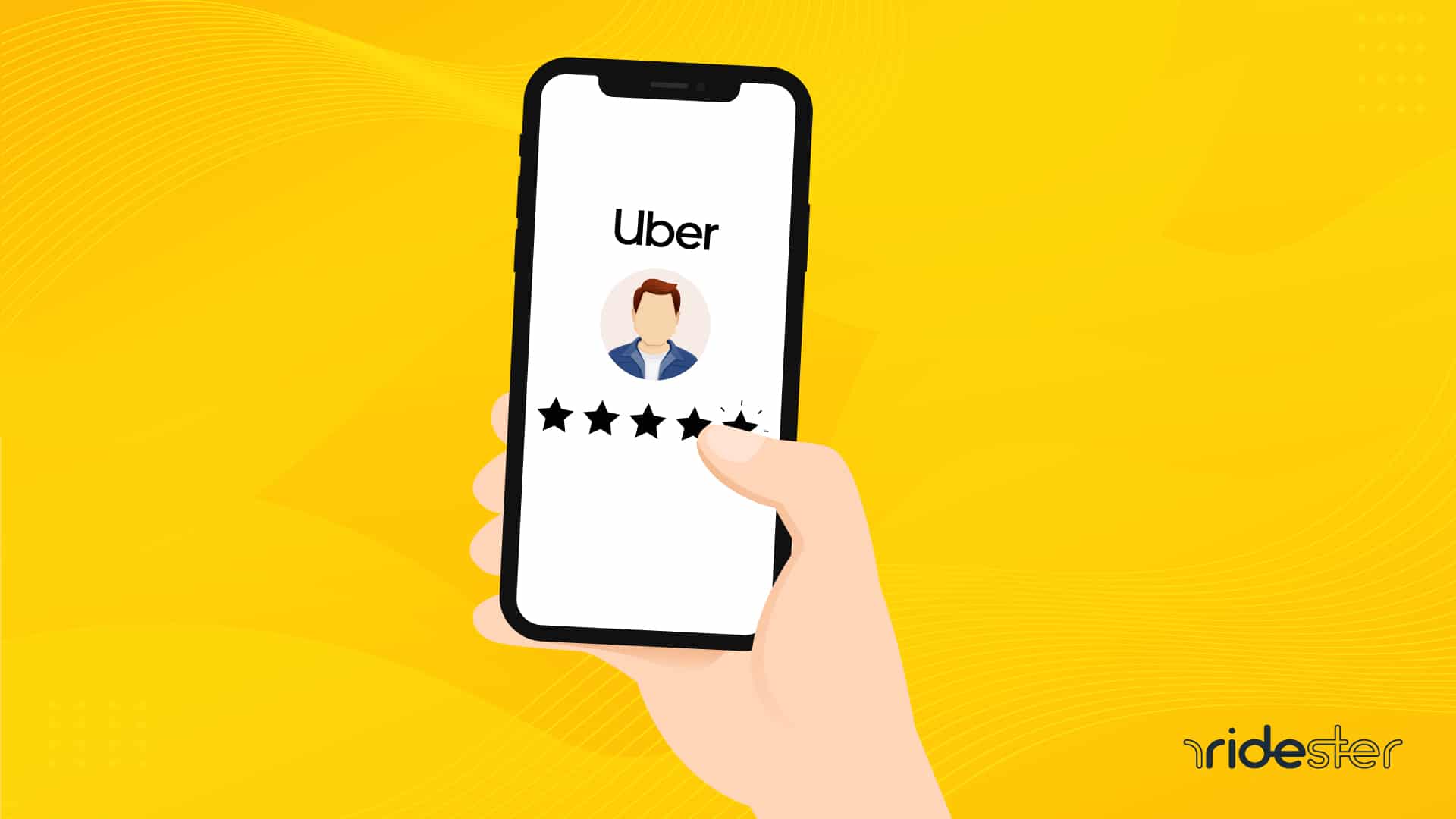 vector graphic of a hand holding a phone and showing Uber rider ratings on the screen