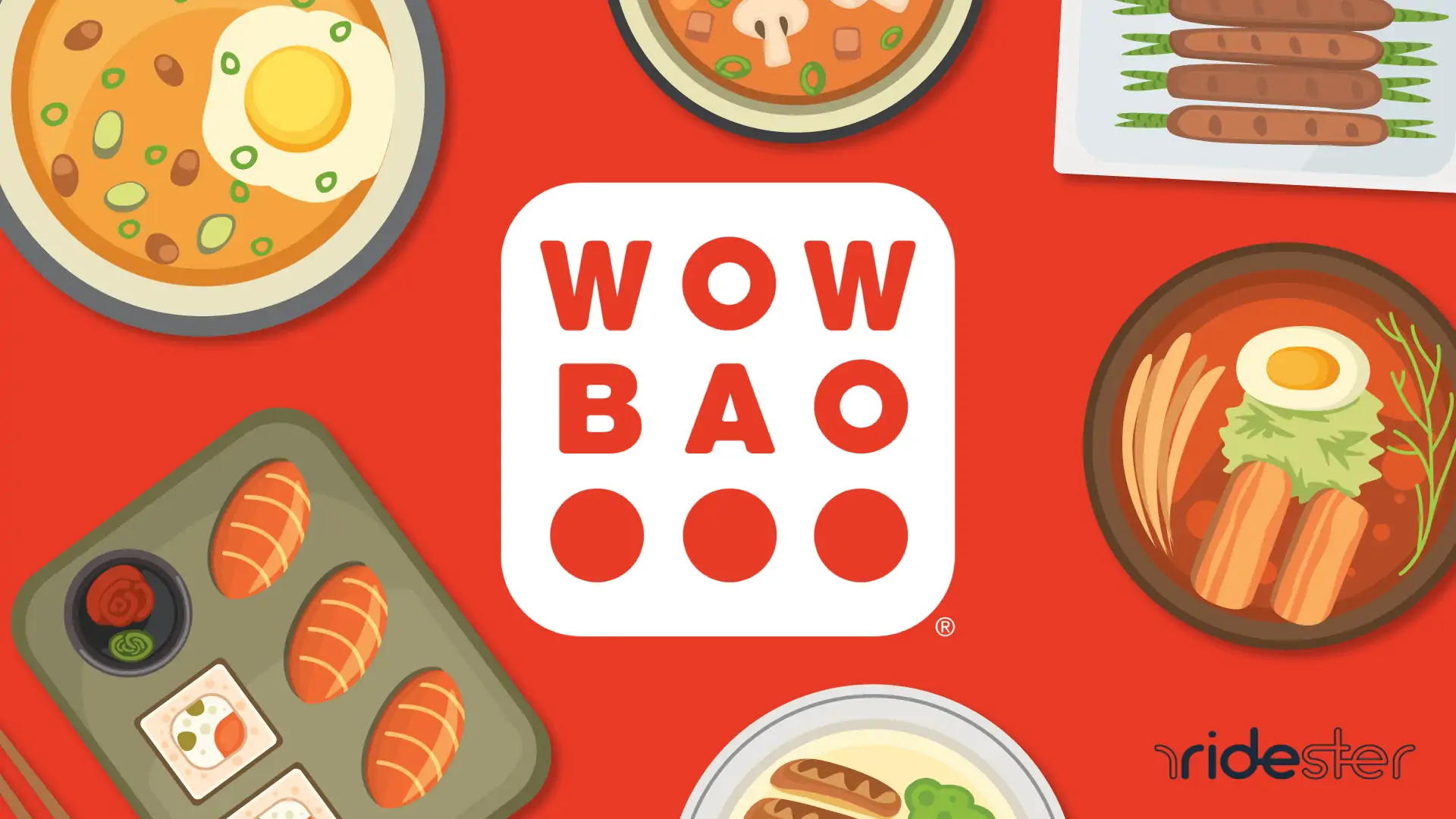 vector illustration of wow bao logo surrounded by food items