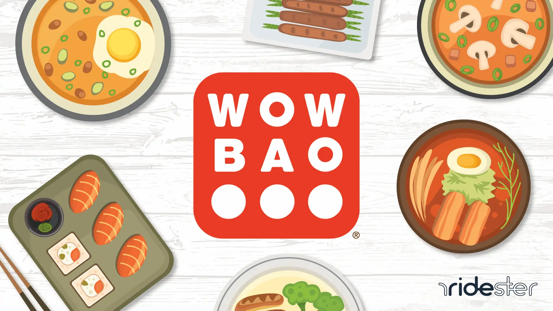 vector illustration of wow bao logo surrounded by food items