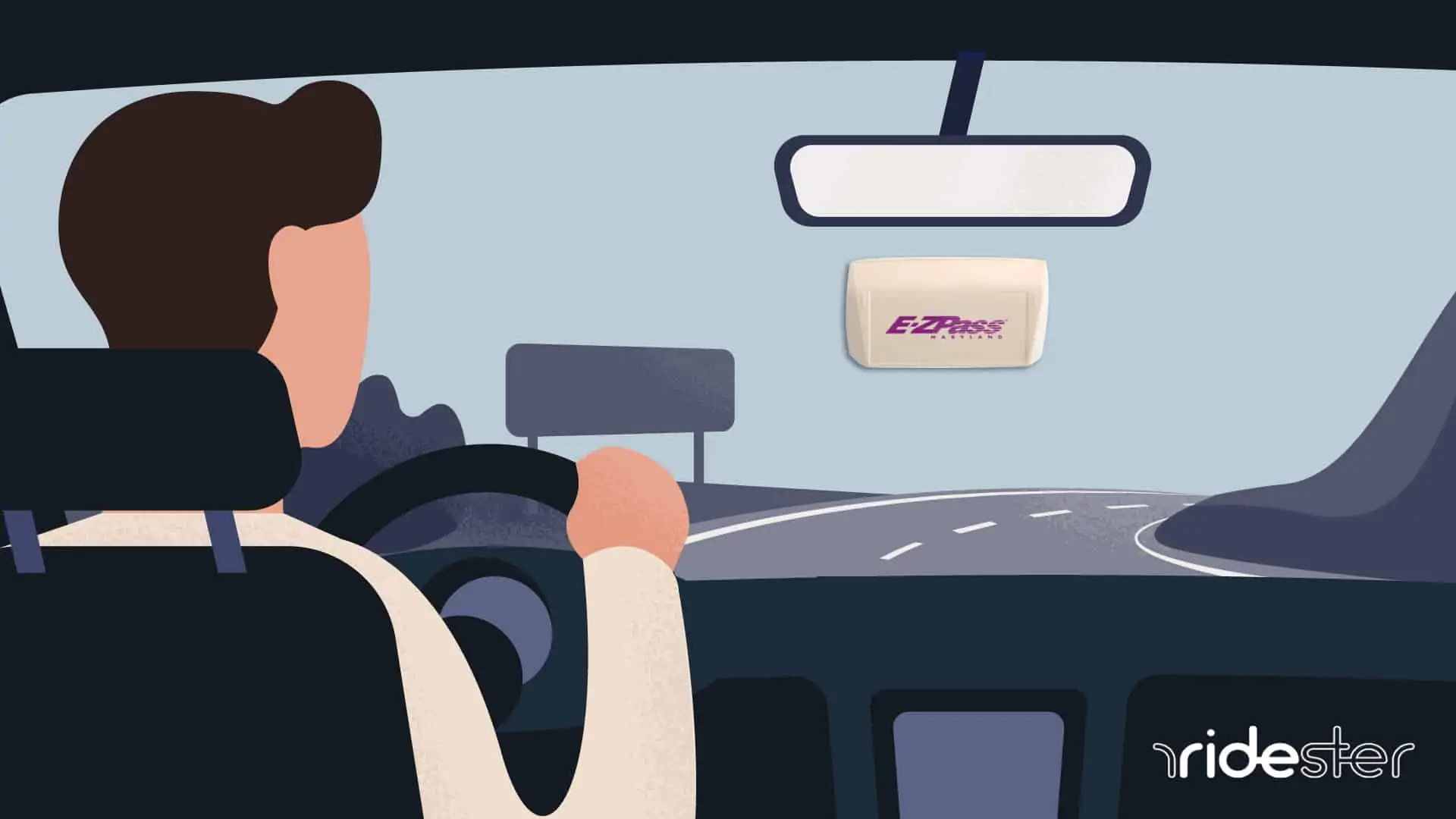 vector graphic showing ez pass on windshield of car driving down highway