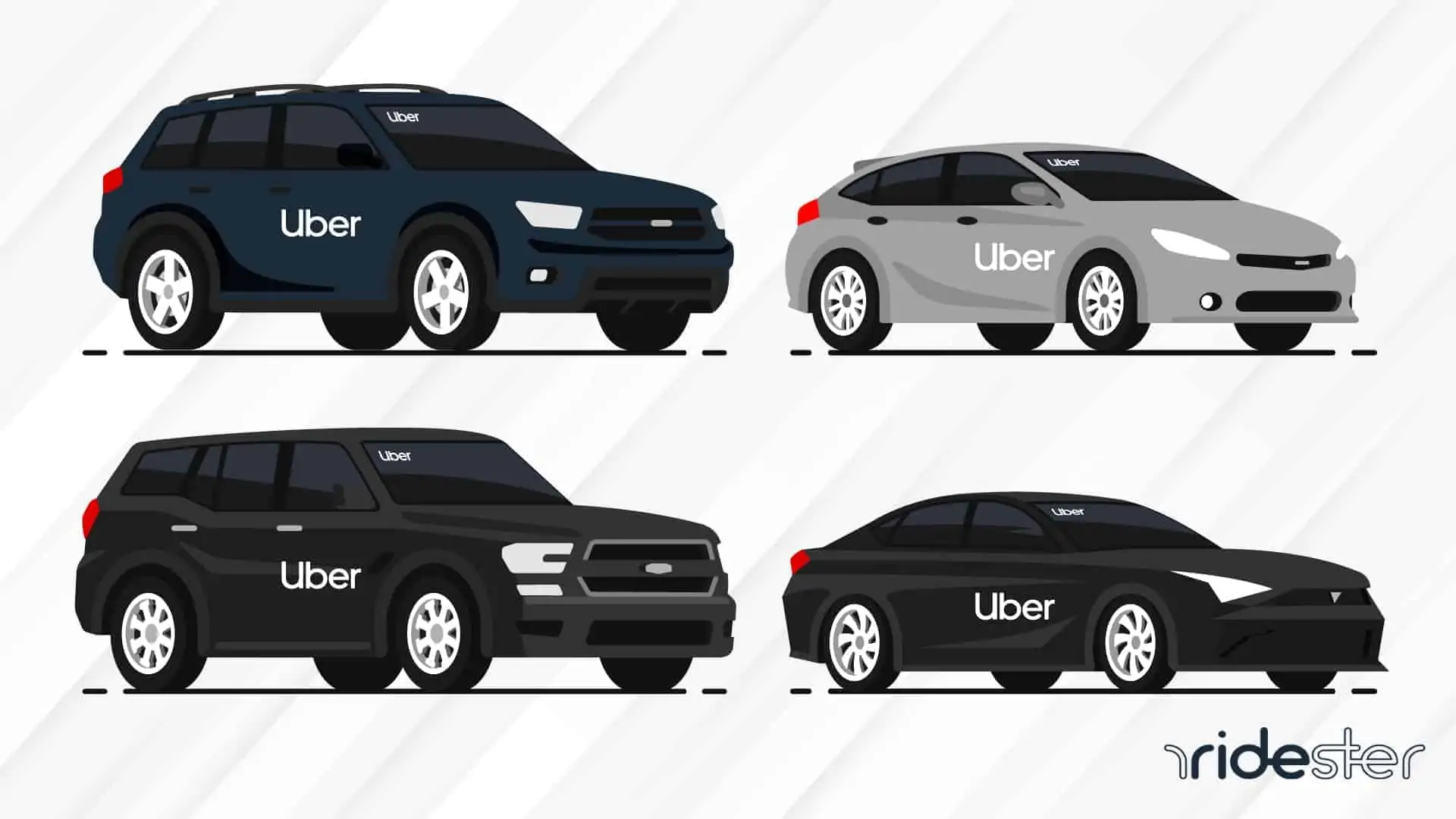 header image showing the best cars for uber - four cars side by side with one another with the uber logo on all of them