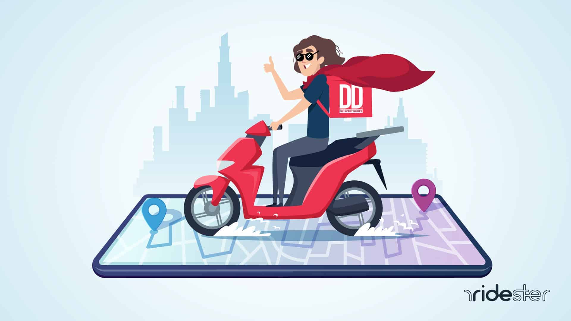 vector graphic showing delivery dudes mascot riding a scooter on a mobile phone