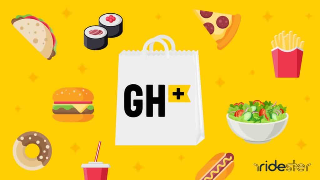 vector illustration showing grubhub plus logo surrounded by miscellaneous food items