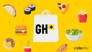 vector illustration showing grubhub plus logo surrounded by miscellaneous food items