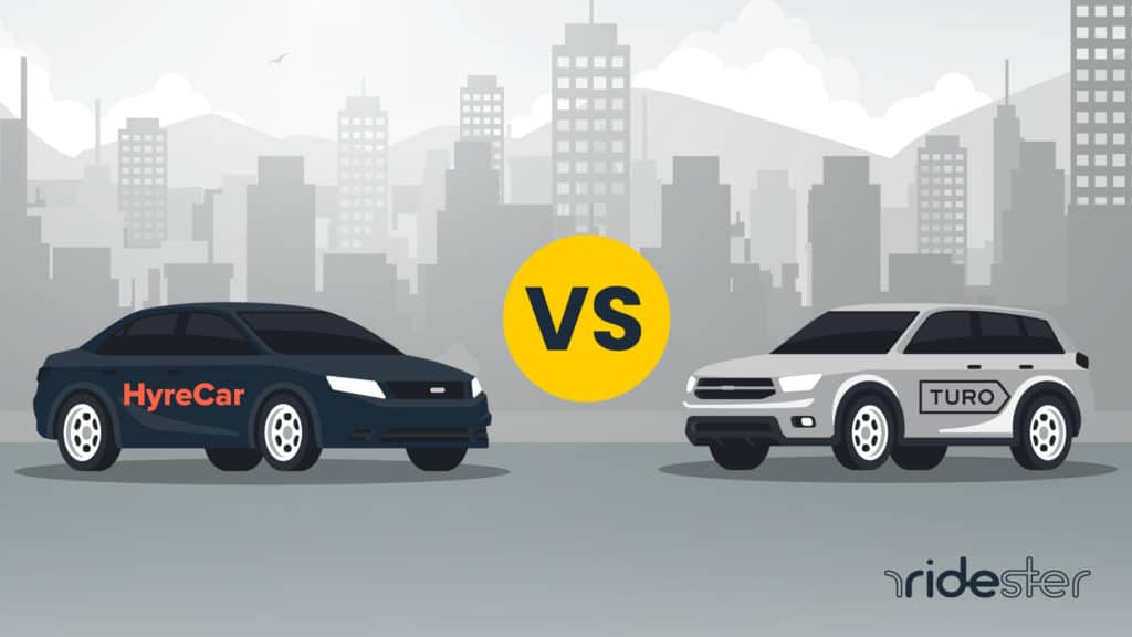 header image for hyrecar vs turo - hyrecar and turo vehicle sitting on street in city with "vs" letters between the cars