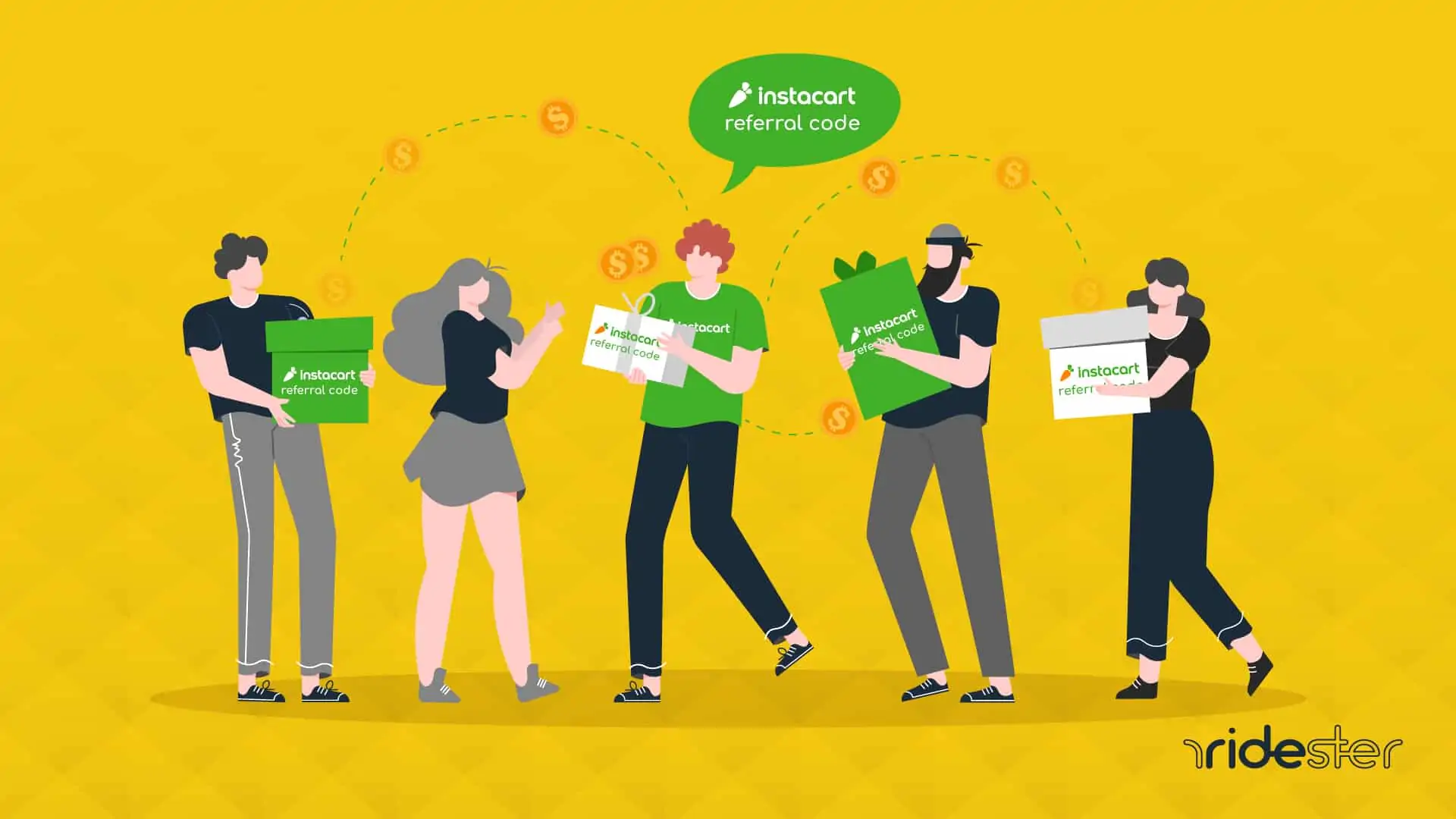 vector graphics showing people carrying boxes around that have the words "instacart referral code" on them