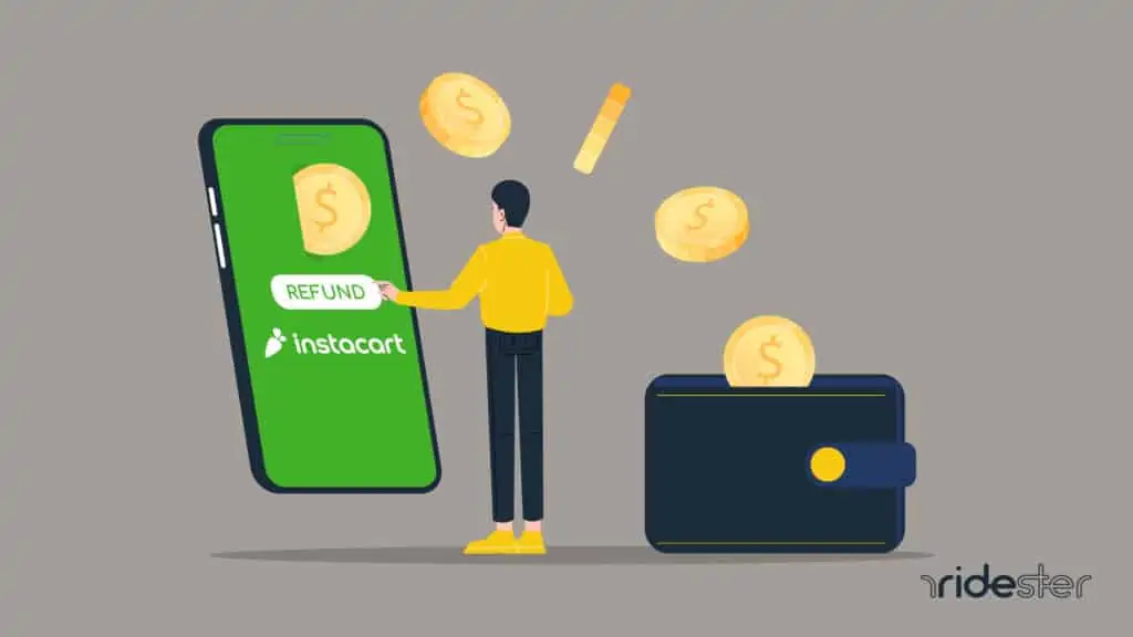vector graphic showing an instacart refund - money going into a phone running the instacart app