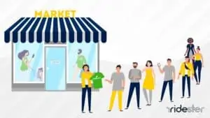 vector graphic showing instacart waitlist shoppers outside a grocery store waiting in a line to be approved to shop