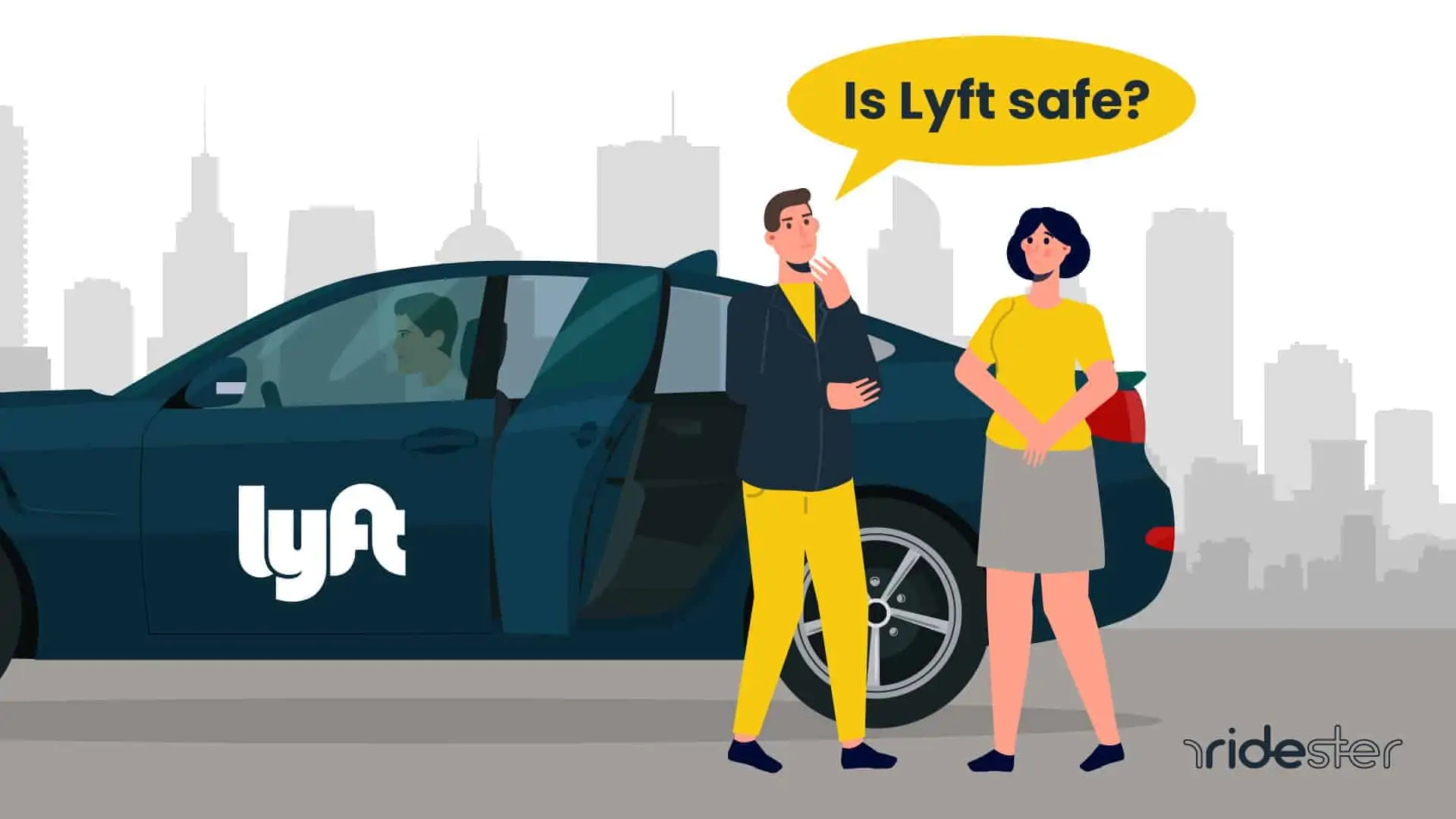 vector graphic showing two people getting into a lyft car and one asking the other "is lyft safe?"