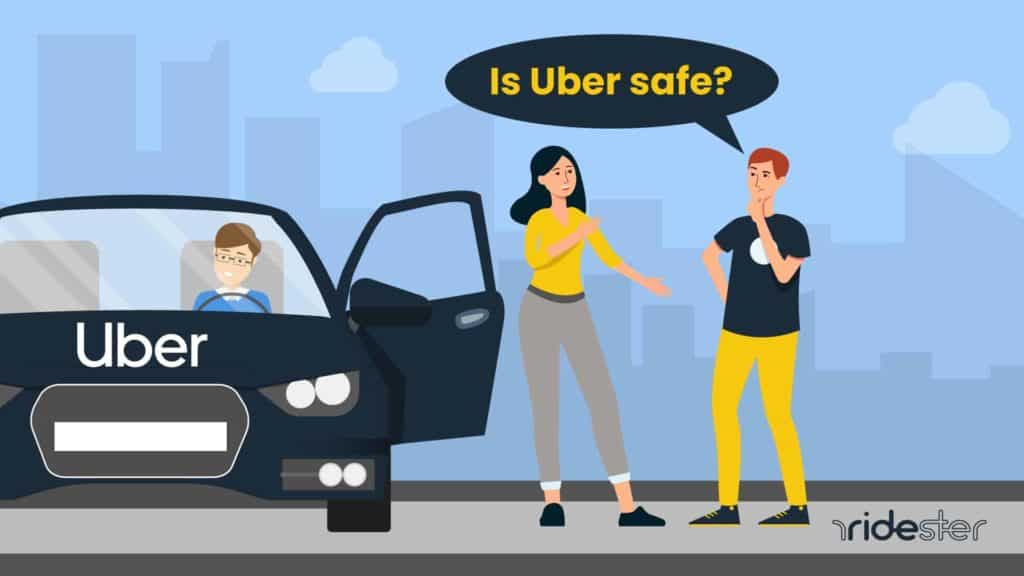 vector graphic showing man asking woman "Is Uber safe?" before getting into a waiting Uber vehicle