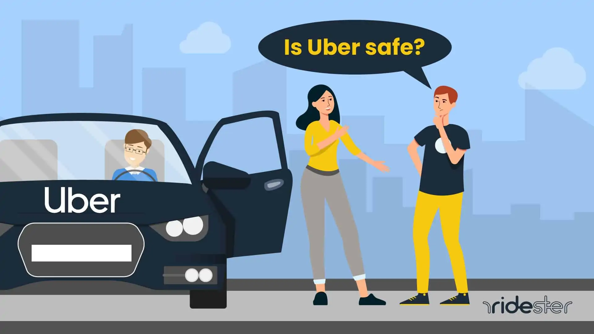 vector graphic showing man asking woman "Is Uber safe?" before getting into a waiting Uber vehicle