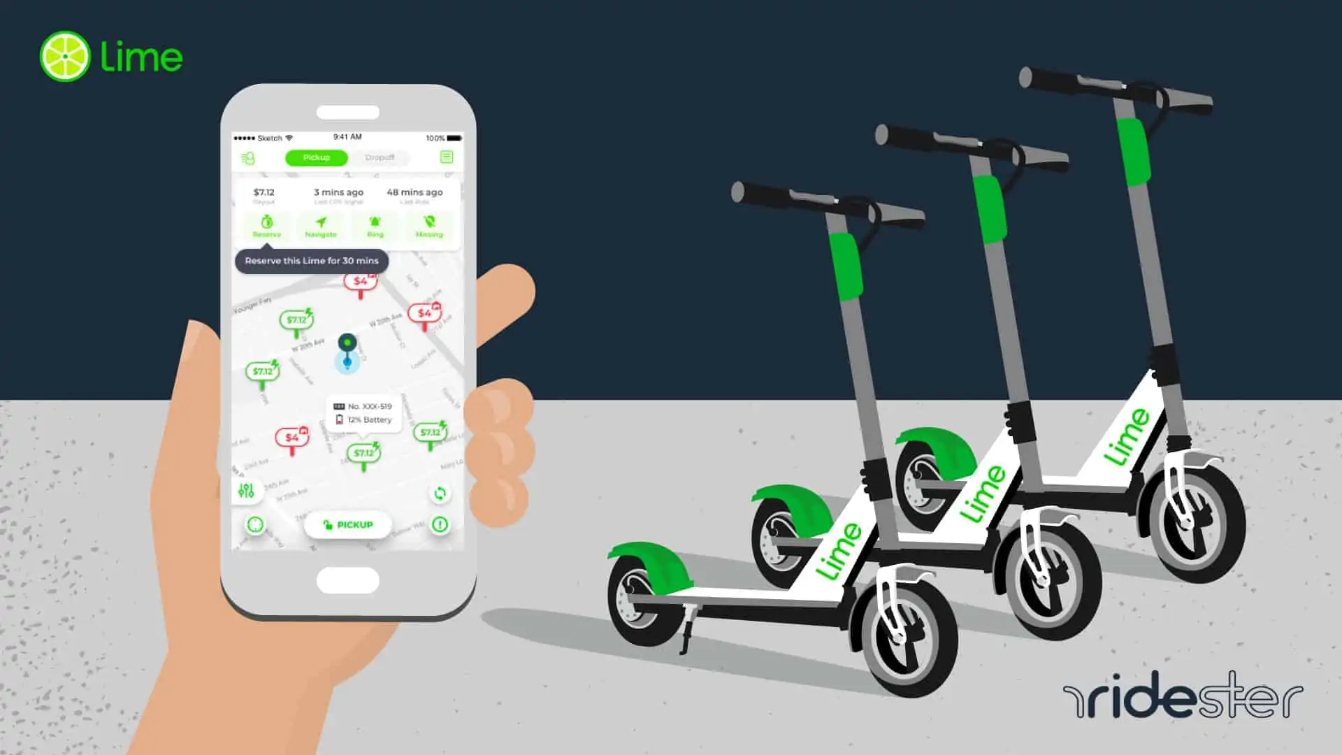 vector graphic showing hand holding phone with a Lime Scooter price quote on the screen
