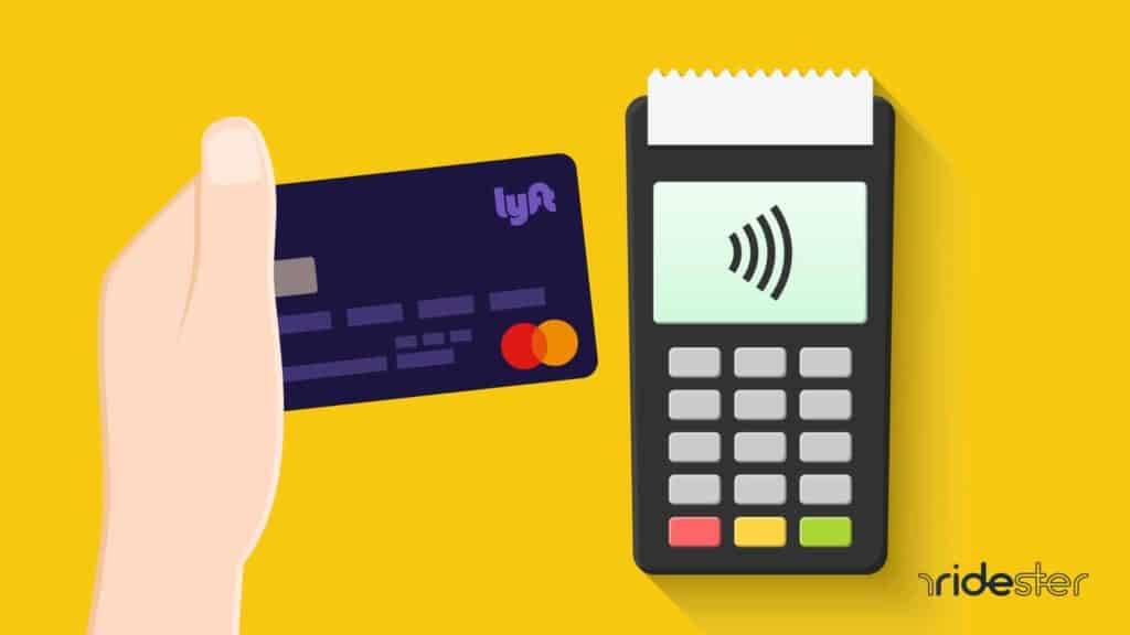 vector graphic of hand holding a lyft debit card next to a pos terminal