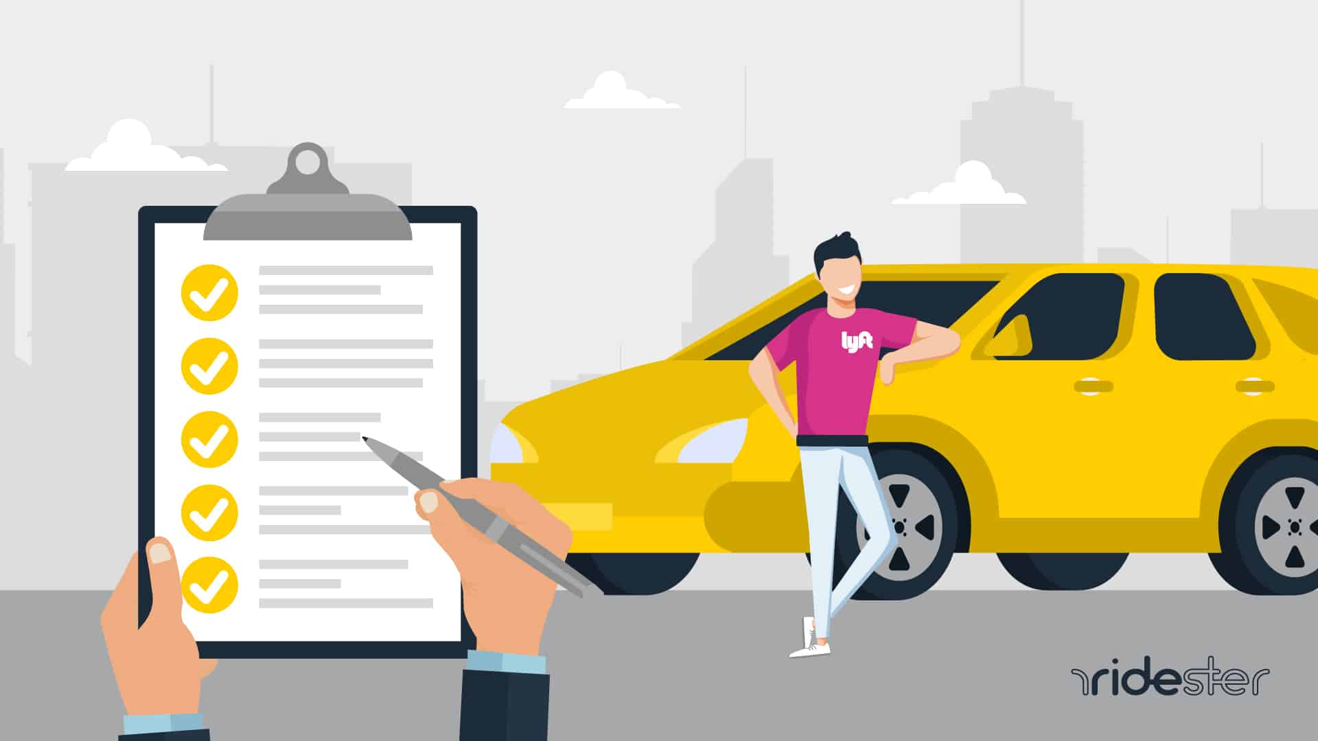 vector graphic showing a hand holding a clipboard and a man standing against a lyft vehicle in the background getting evaluated for lyft driver requirements