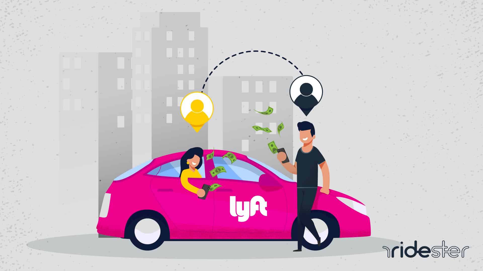 a vector graphic of a man holding a smartphone saving money on a lyft ride using a lyft promo code as the vehicle picks him up and a woman is riding in the car