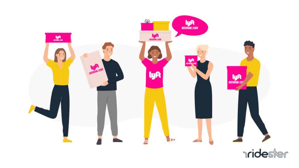 vector graphic showing people holding boxes above their head with the words "lyft referral code" on them