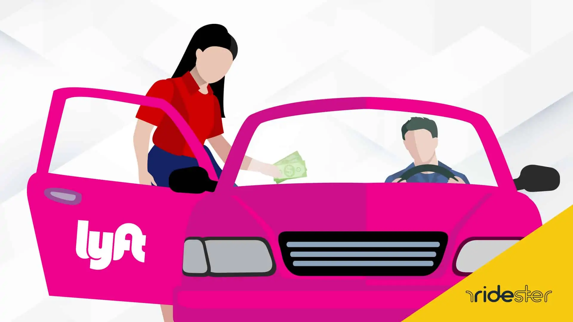 a vector graphic of a woman handing a lyft driver lyft tipping money through the window of the car after a ride