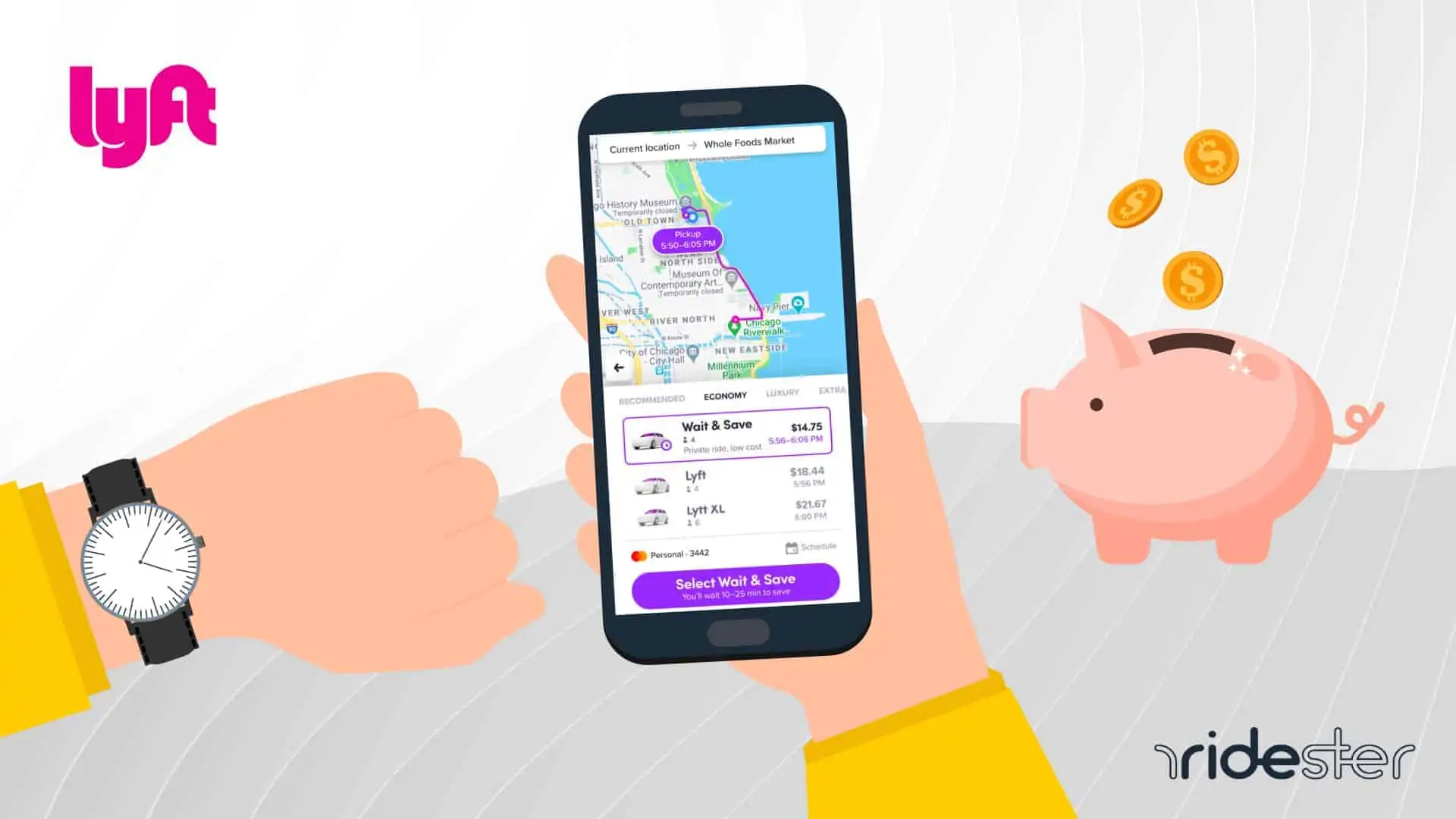 screenshot of lyft wait and save feature and a passenger using it to save money