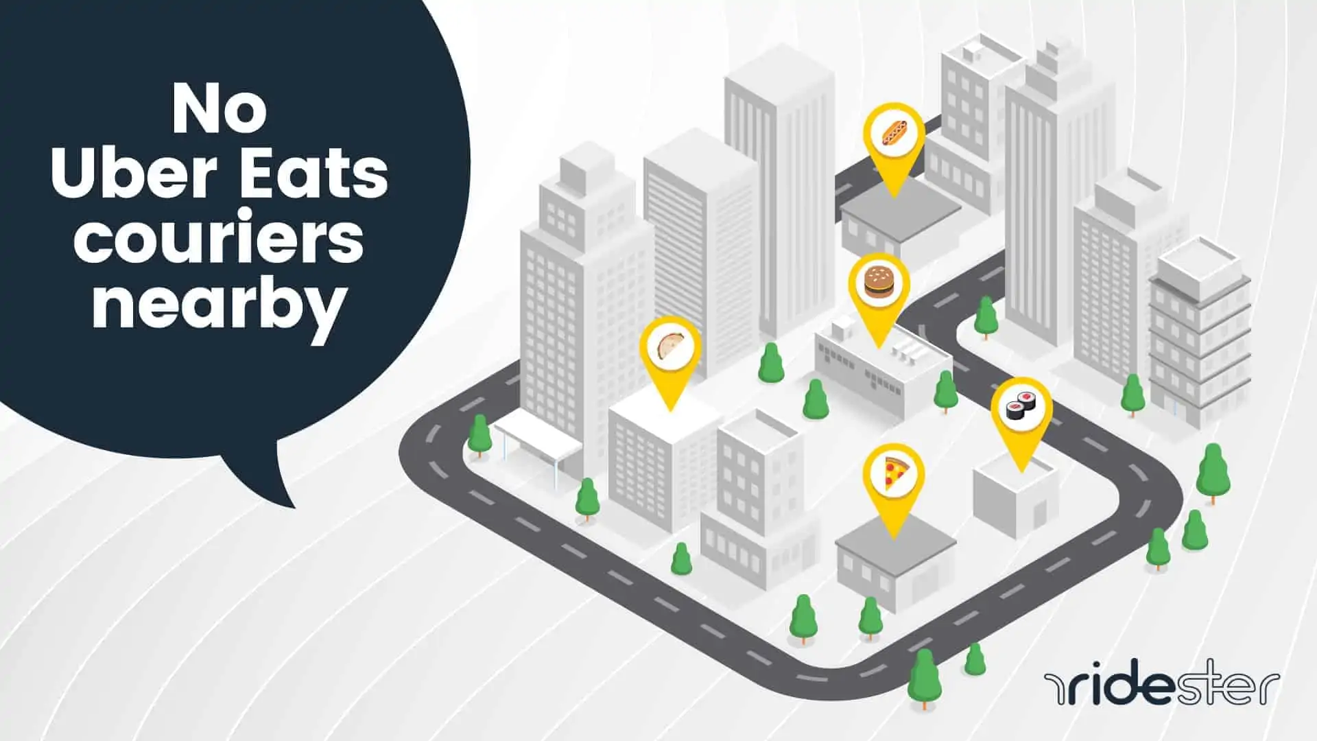 vector graphic showing a city with deliveries waiting to be picked up and the text "no uber eats couriers nearby" displayed in a speech bubble above the city