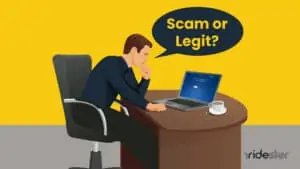 vector graphic showing a man thinking about is onmyway app scam or legit