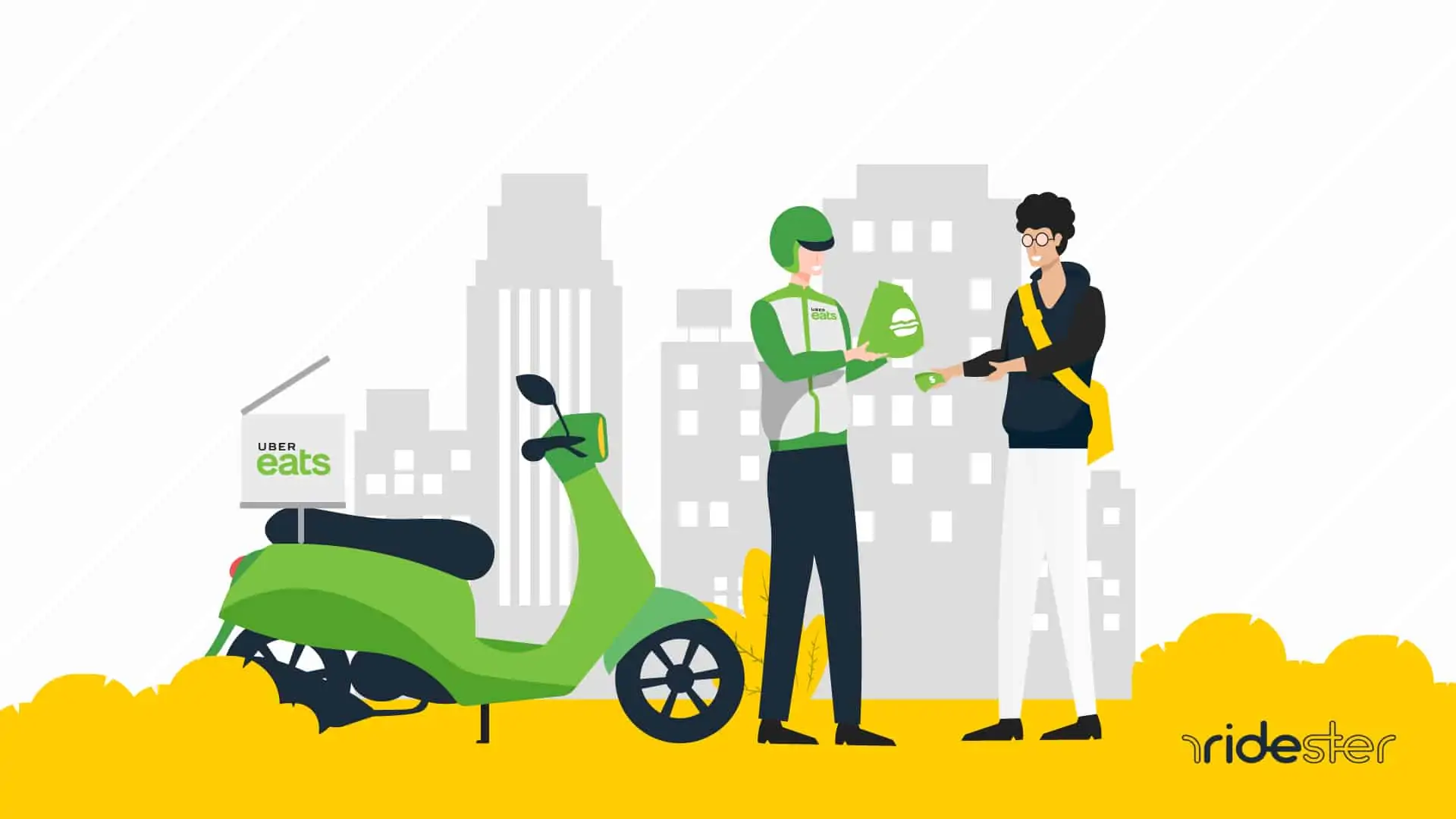 vector graphic of a man handing cash to delivery person for uber eats tipping suggestion