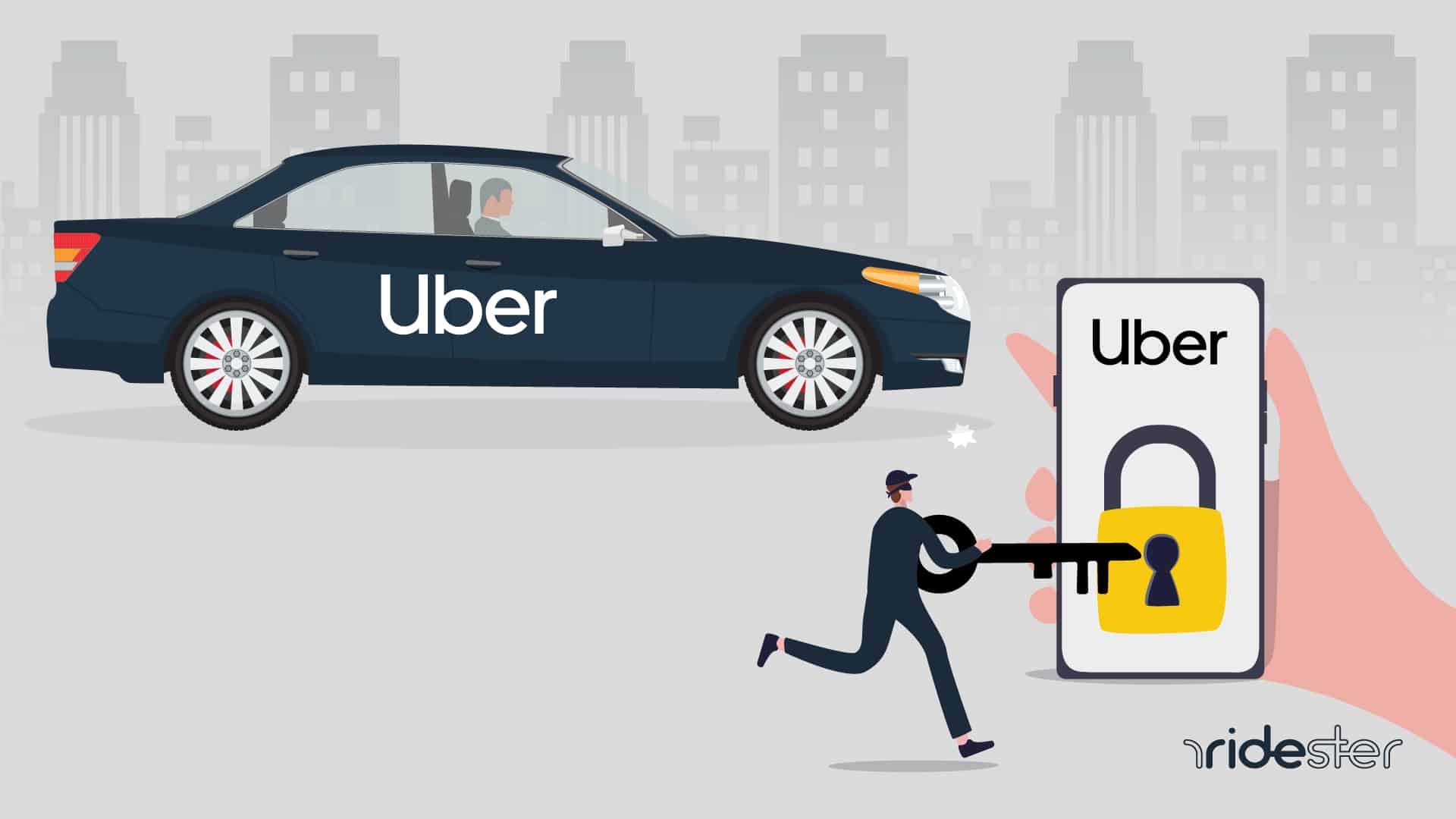 hacker holding laptop in front of Uber ride - header image for uber free ride hack post