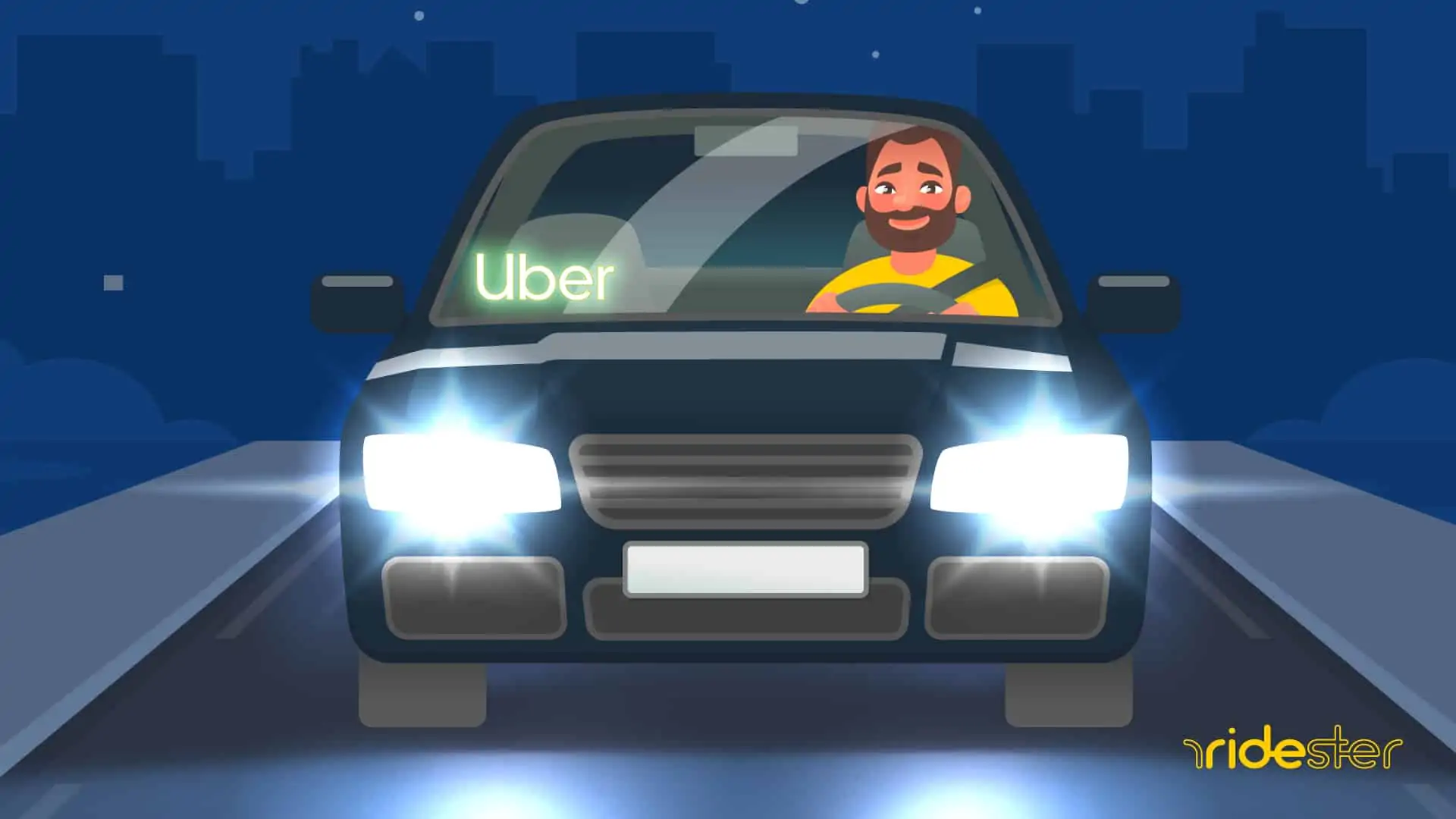 vector graphic showing uber light in windshield of car driving down road