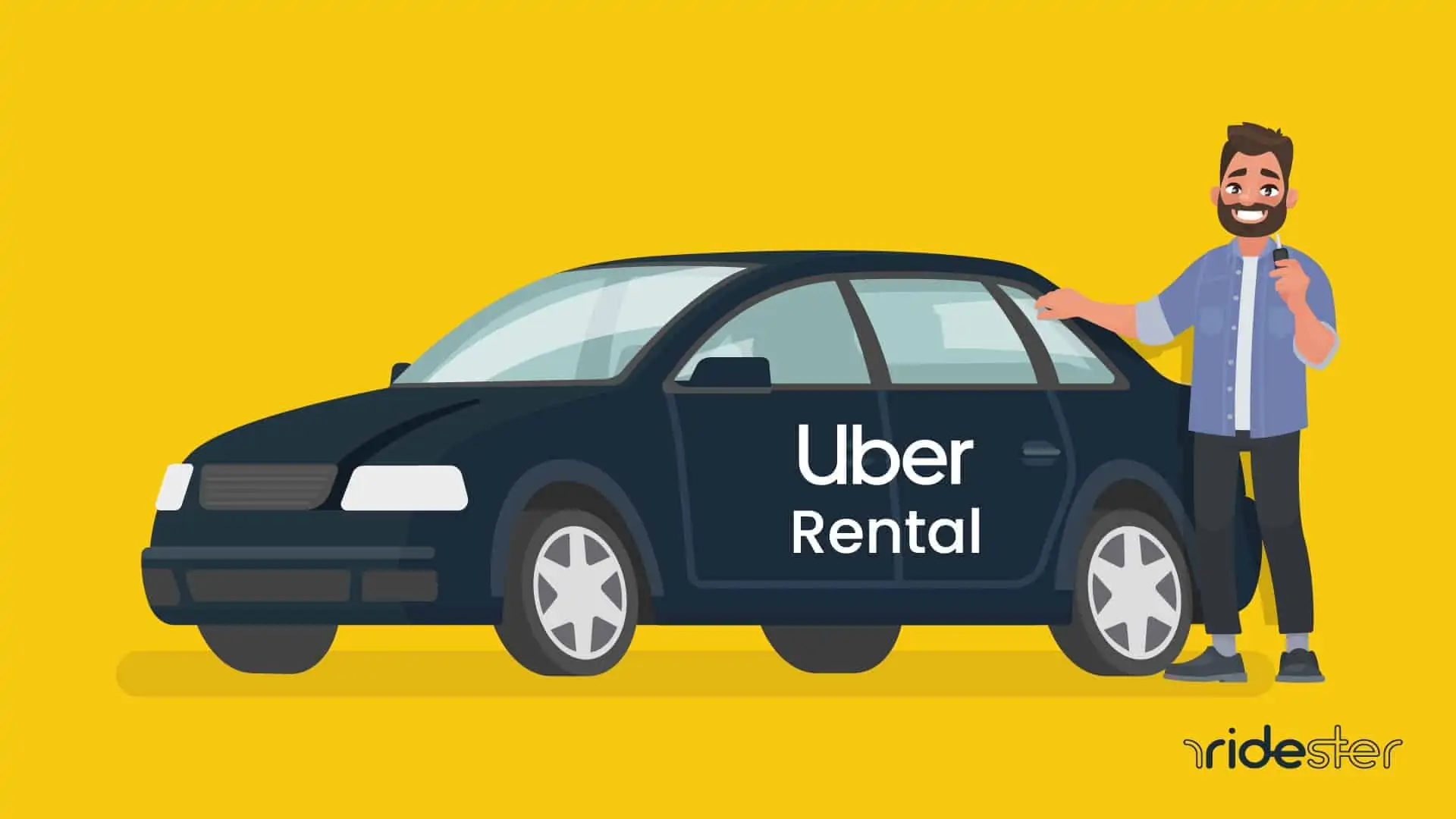 vector graphic including a man standing outside an uber rental car