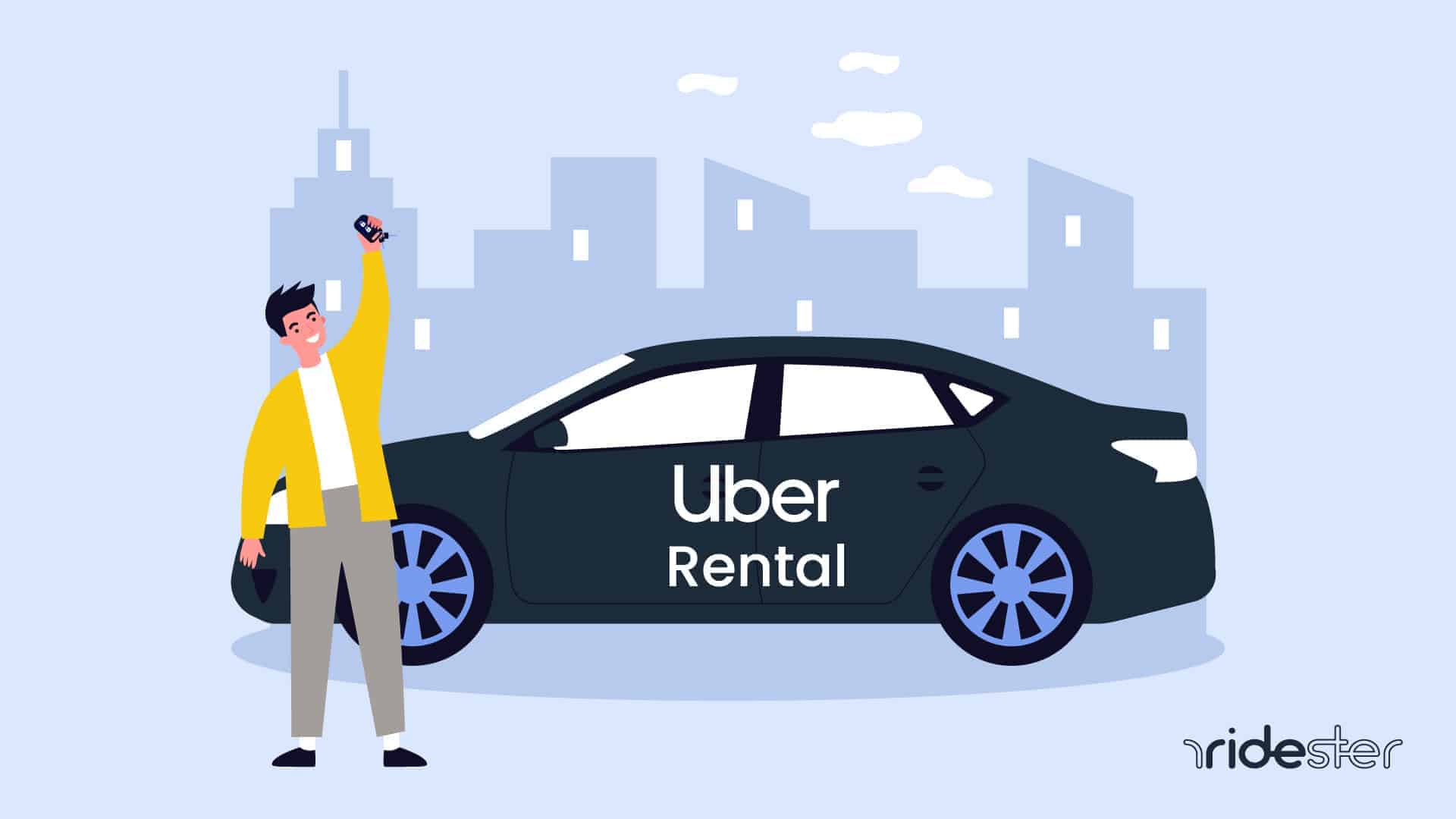 vector graphic including a man standing outside an uber rental car