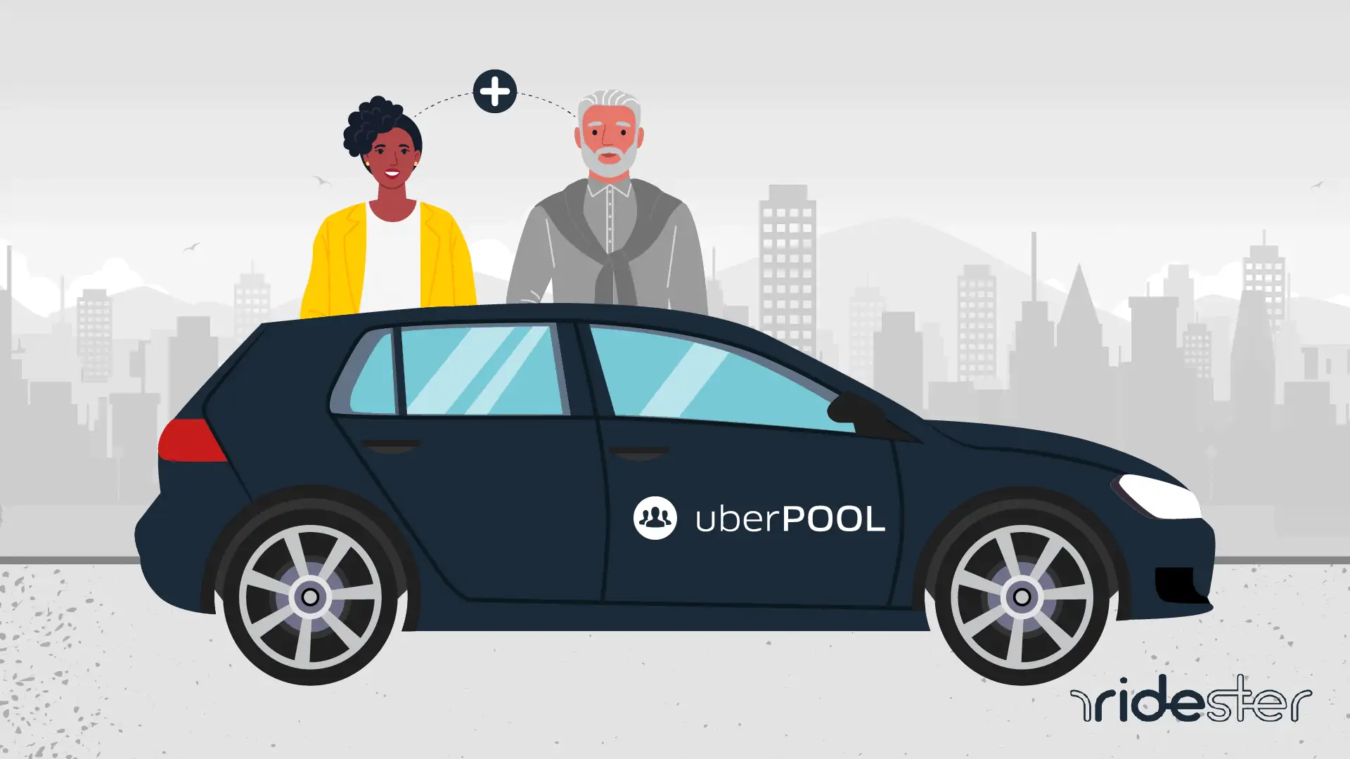 vector graphic showing two uber riders outside of an uberpool vehicle