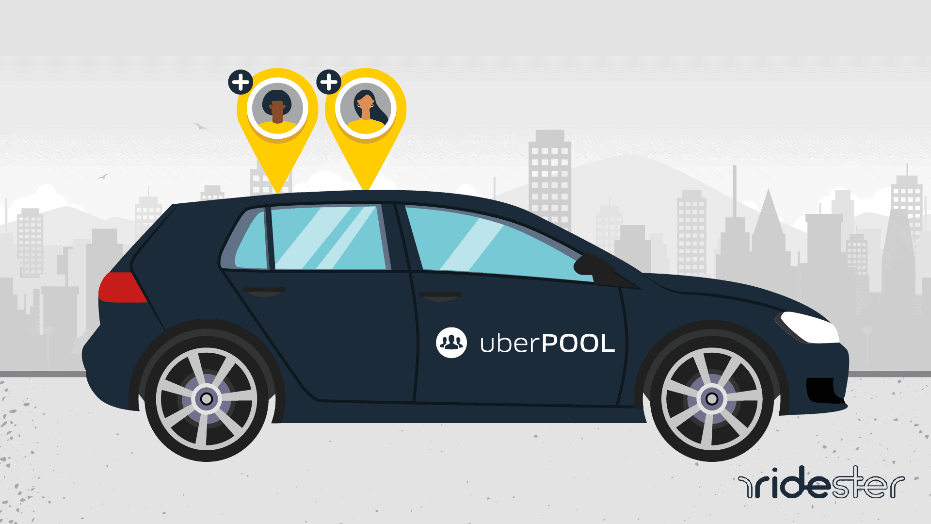 vector graphic showing two uber riders outside of an uberpool vehicle
