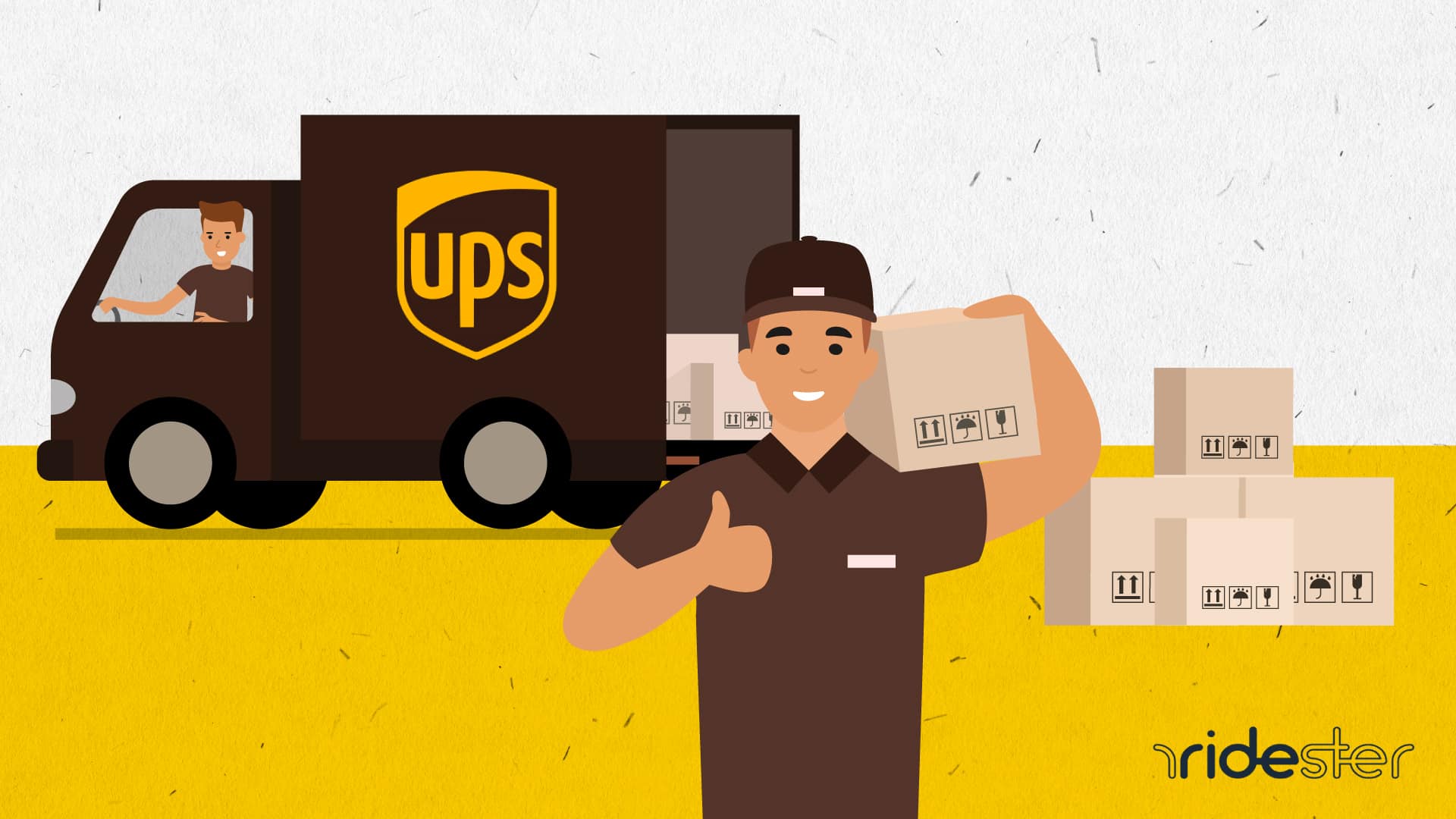 vector graphic showing a ups driver helper carrying boxes from truck