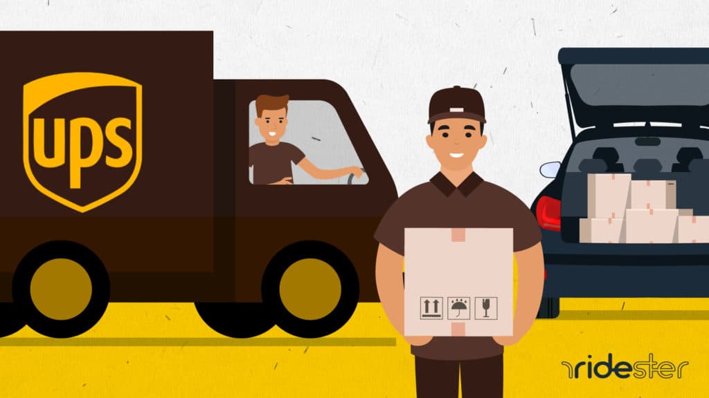 vector graphic showing a ups driver helper carrying boxes from truck