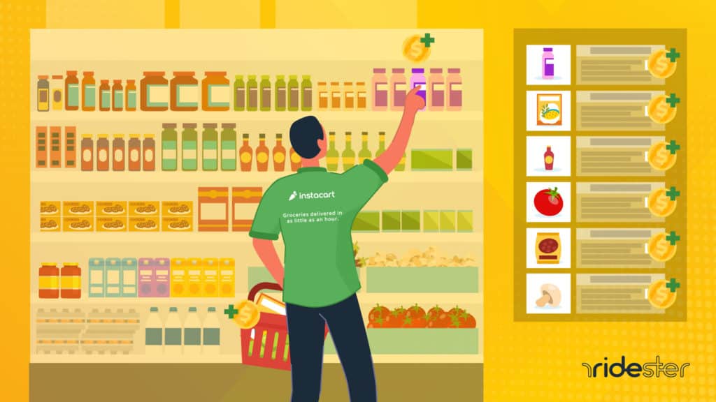 vector graphic showing man working for instacart and shopping in a store