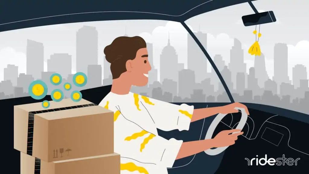vector graphic showing amazon delivery driver pay and a driver behind the wheel of a car