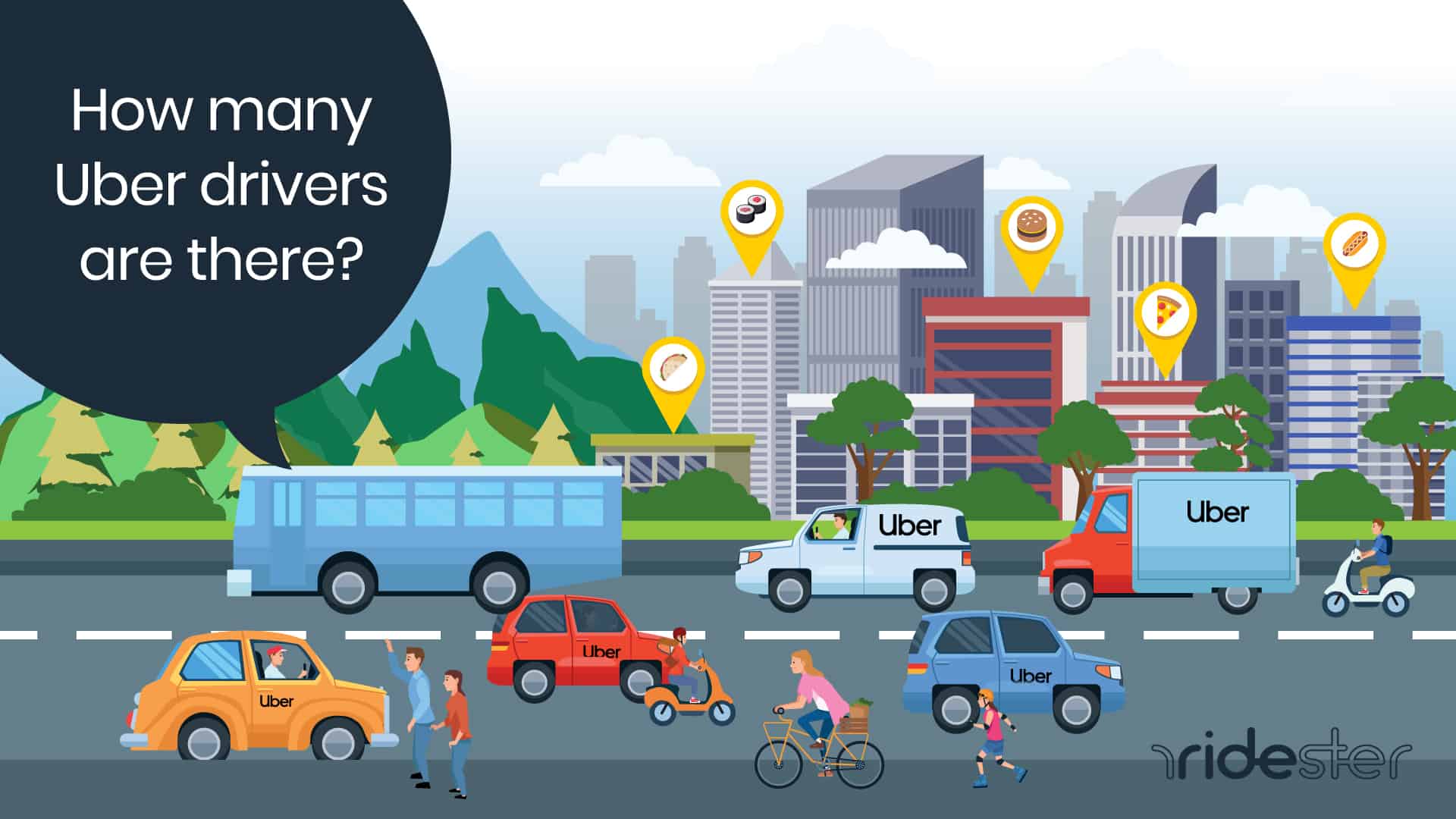 vector graphic showing uber drivers in traffic with the text "how many uber drivers are there" above it